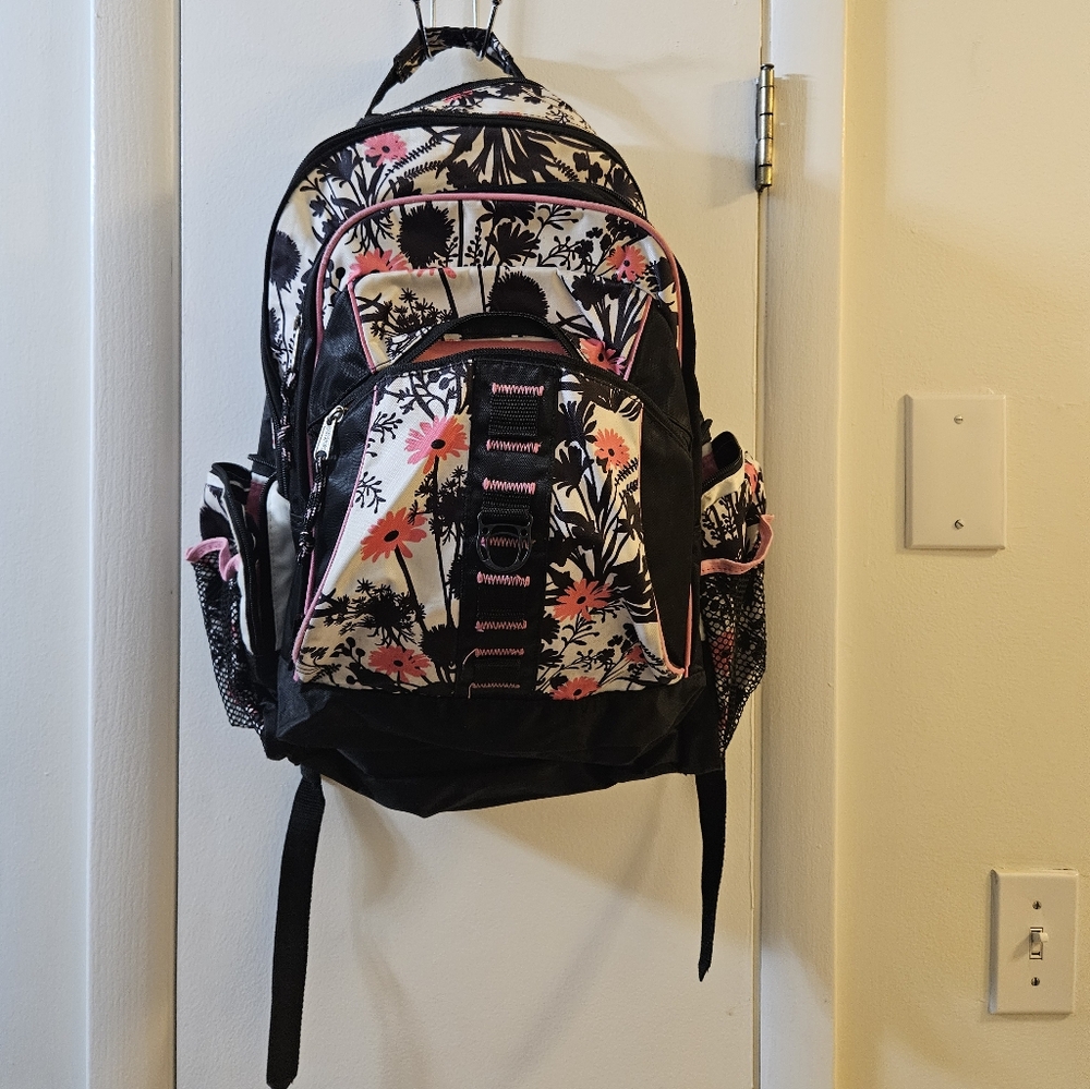 Black and pink floral backpack
